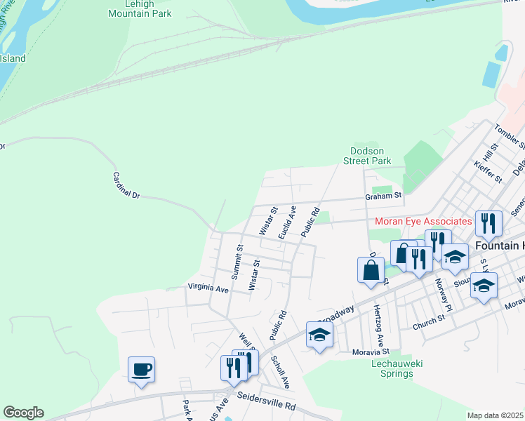 map of restaurants, bars, coffee shops, grocery stores, and more near 1719 Graham Street in Bethlehem