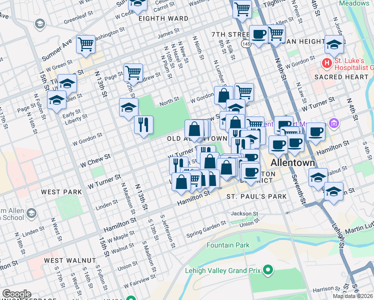 map of restaurants, bars, coffee shops, grocery stores, and more near in Allentown