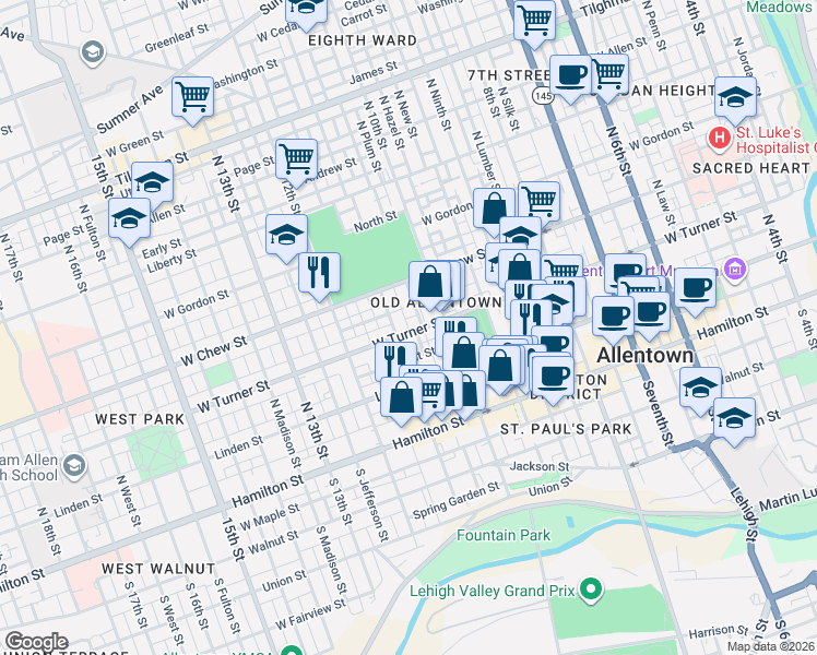 map of restaurants, bars, coffee shops, grocery stores, and more near in Allentown