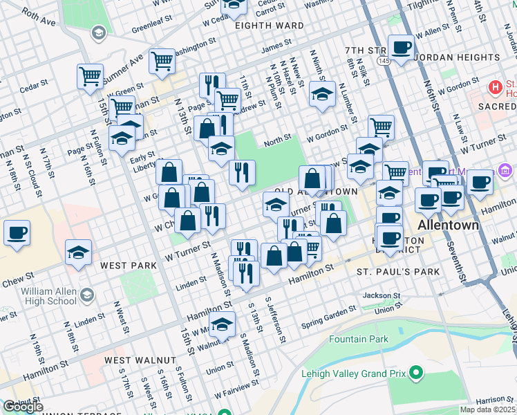 map of restaurants, bars, coffee shops, grocery stores, and more near 1141 Emmett Street in Allentown