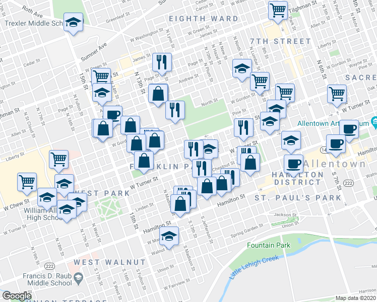 map of restaurants, bars, coffee shops, grocery stores, and more near 1220 West Chew Street in Allentown