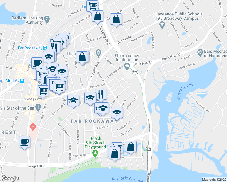 map of restaurants, bars, coffee shops, grocery stores, and more near 738 Caffrey Avenue in Queens