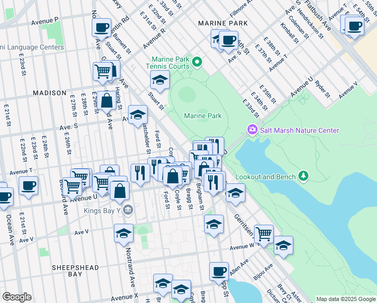 map of restaurants, bars, coffee shops, grocery stores, and more near 2101 Gerritsen Avenue in Brooklyn