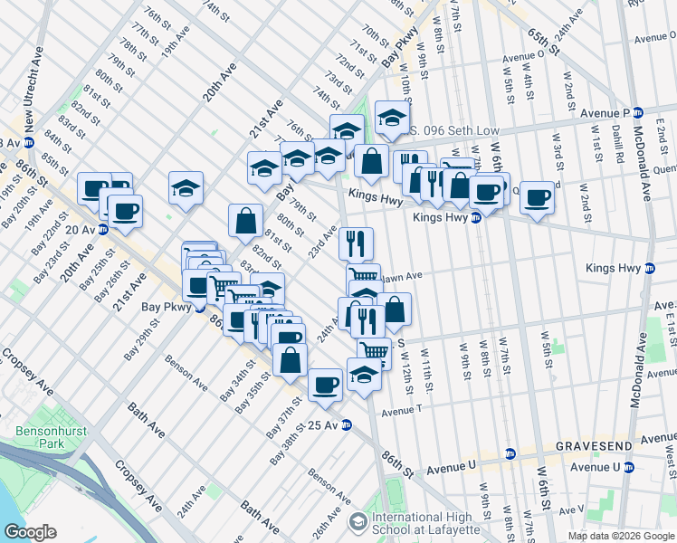 map of restaurants, bars, coffee shops, grocery stores, and more near 2324 80th Street in Brooklyn