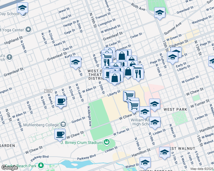 map of restaurants, bars, coffee shops, grocery stores, and more near 1932 West Allen Street in Allentown