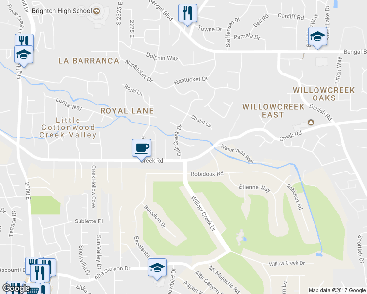 map of restaurants, bars, coffee shops, grocery stores, and more near 2556 East Oak Creek Circle in Sandy