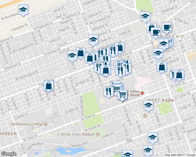 map of restaurants, bars, coffee shops, grocery stores, and more near 1932 West Allen Street in Allentown