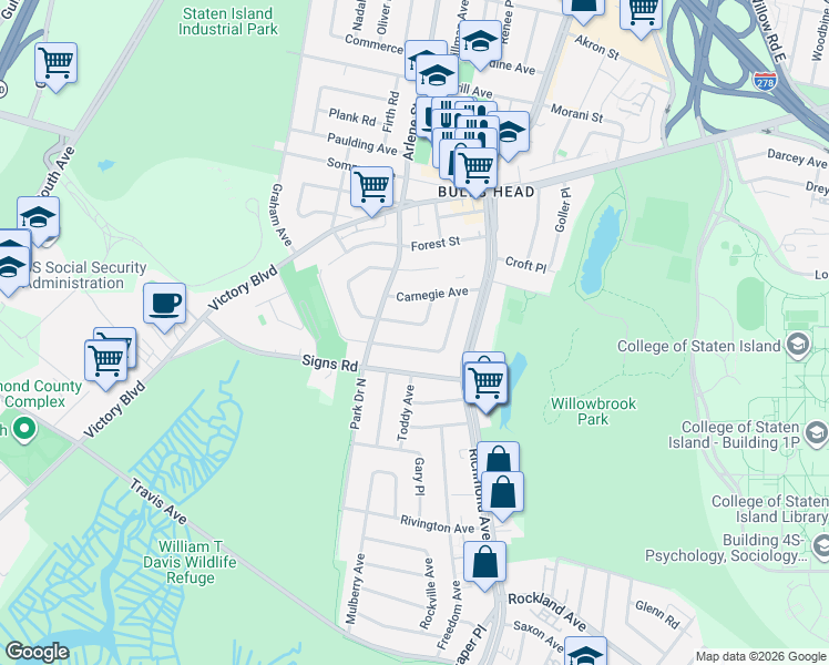 map of restaurants, bars, coffee shops, grocery stores, and more near 23 Dawson Circle in Staten Island