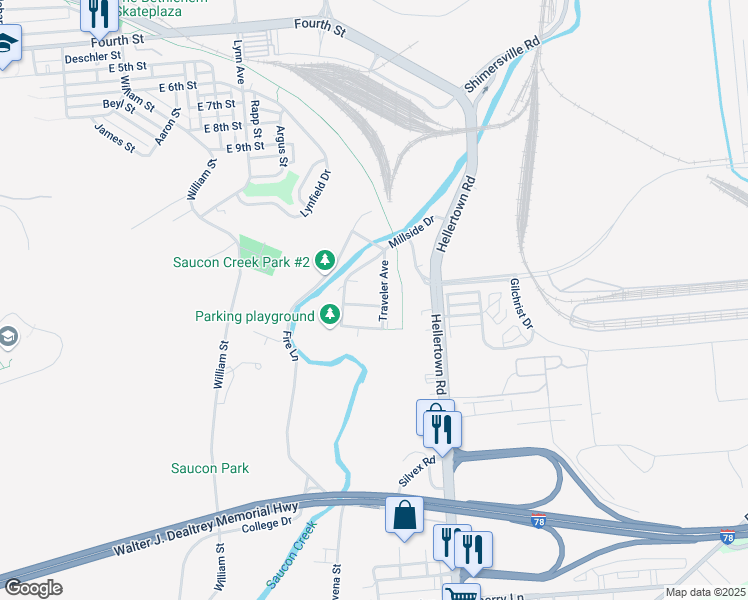 map of restaurants, bars, coffee shops, grocery stores, and more near 1857 Norwood Street in Bethlehem