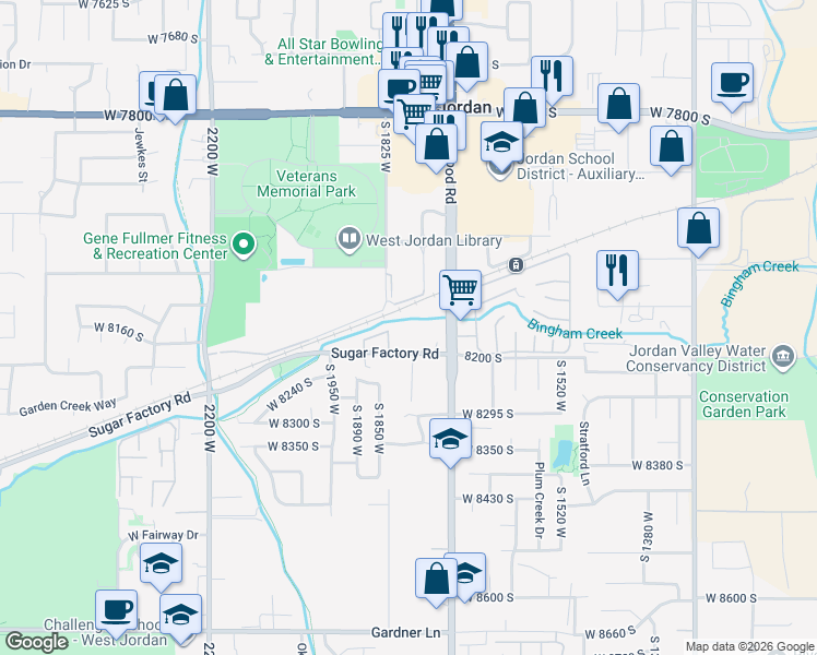 map of restaurants, bars, coffee shops, grocery stores, and more near 1790 West 8200 South in West Jordan