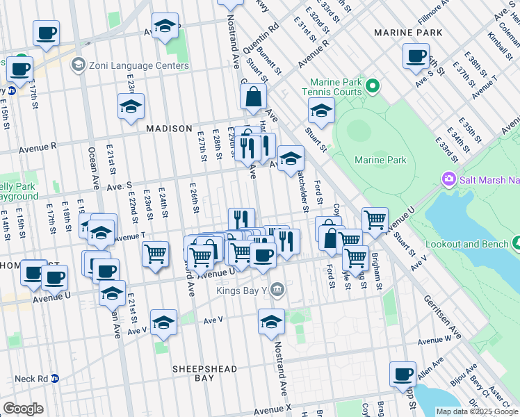 map of restaurants, bars, coffee shops, grocery stores, and more near 3315a Nostrand Avenue in Brooklyn