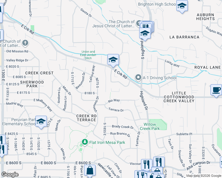 map of restaurants, bars, coffee shops, grocery stores, and more near 1900 Creek Road in Sandy