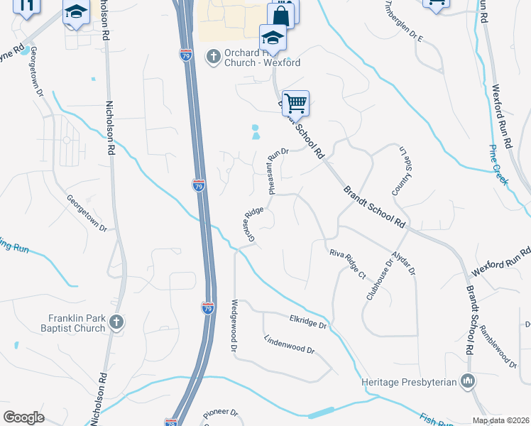 map of restaurants, bars, coffee shops, grocery stores, and more near 2569A Pheasant Run in Wexford