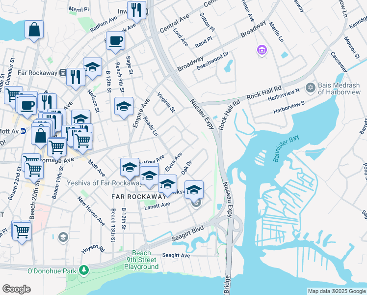 map of restaurants, bars, coffee shops, grocery stores, and more near 738 Caffrey Avenue in Queens