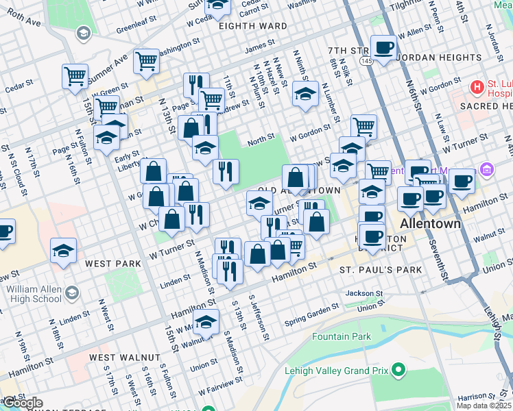 map of restaurants, bars, coffee shops, grocery stores, and more near 1141 Emmett Street in Allentown