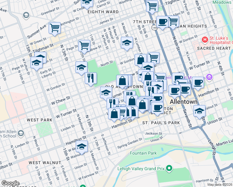 map of restaurants, bars, coffee shops, grocery stores, and more near in Allentown