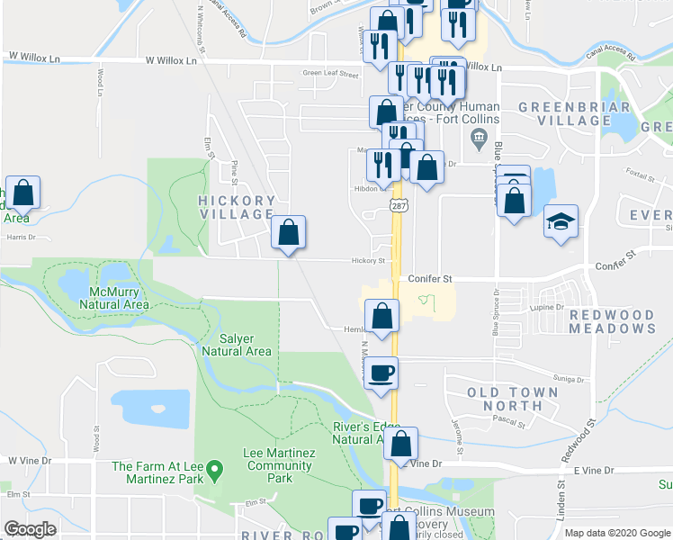 map of restaurants, bars, coffee shops, grocery stores, and more near 300 Hickory Street in Fort Collins