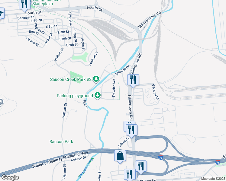 map of restaurants, bars, coffee shops, grocery stores, and more near 1857 Norwood Street in Bethlehem