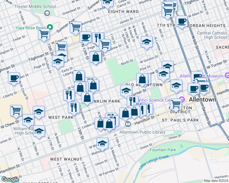 map of restaurants, bars, coffee shops, grocery stores, and more near 234 North 12th Street in Allentown