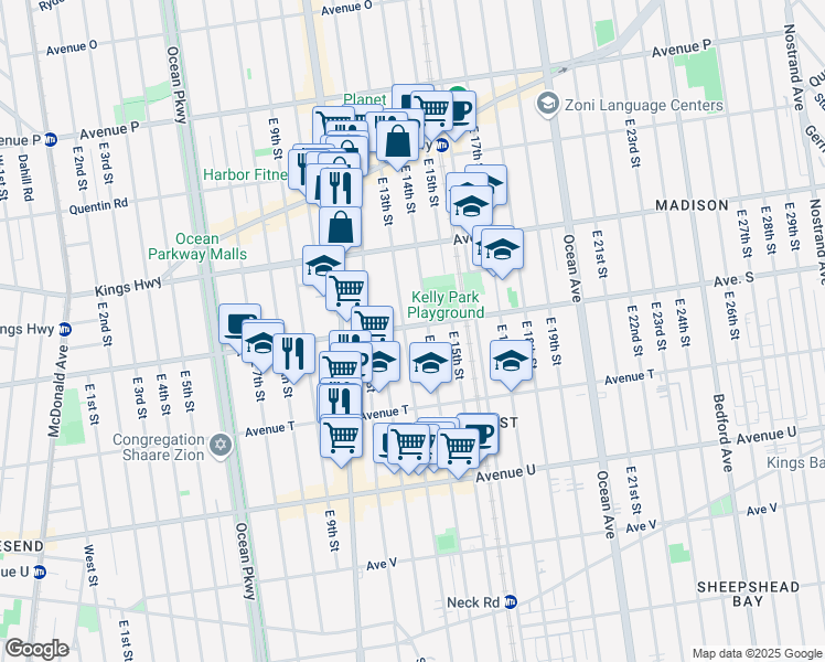 map of restaurants, bars, coffee shops, grocery stores, and more near 1887 East 13th Street in Brooklyn