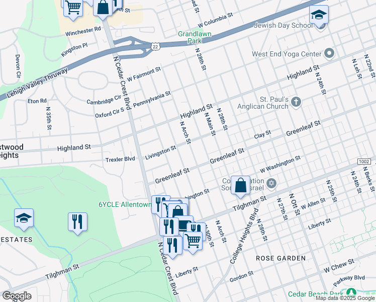 map of restaurants, bars, coffee shops, grocery stores, and more near 2924 Livingston Street in Allentown