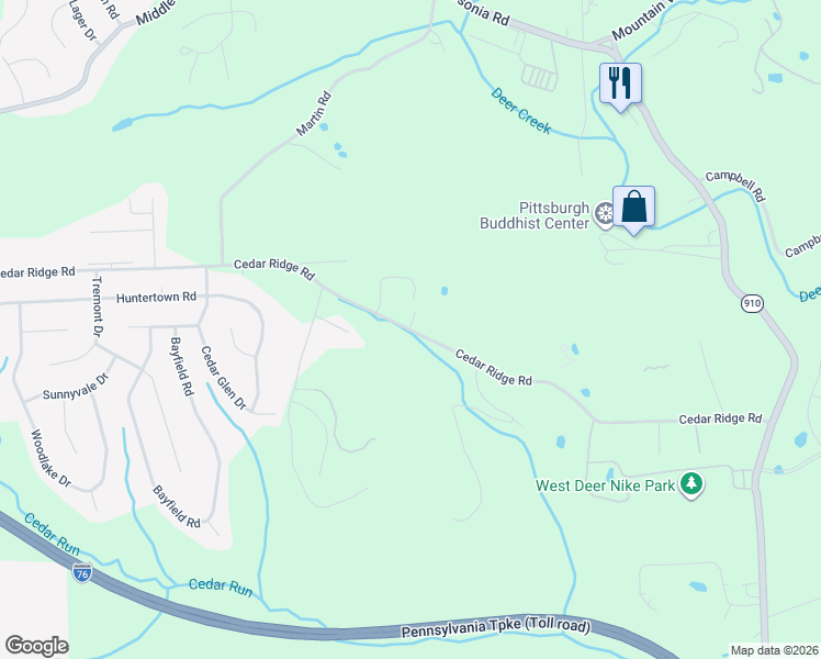 map of restaurants, bars, coffee shops, grocery stores, and more near 3681 Cedar Ridge Road in Allegheny County