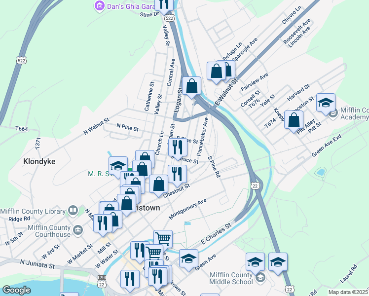 map of restaurants, bars, coffee shops, grocery stores, and more near 125 Shaw Avenue in Lewistown