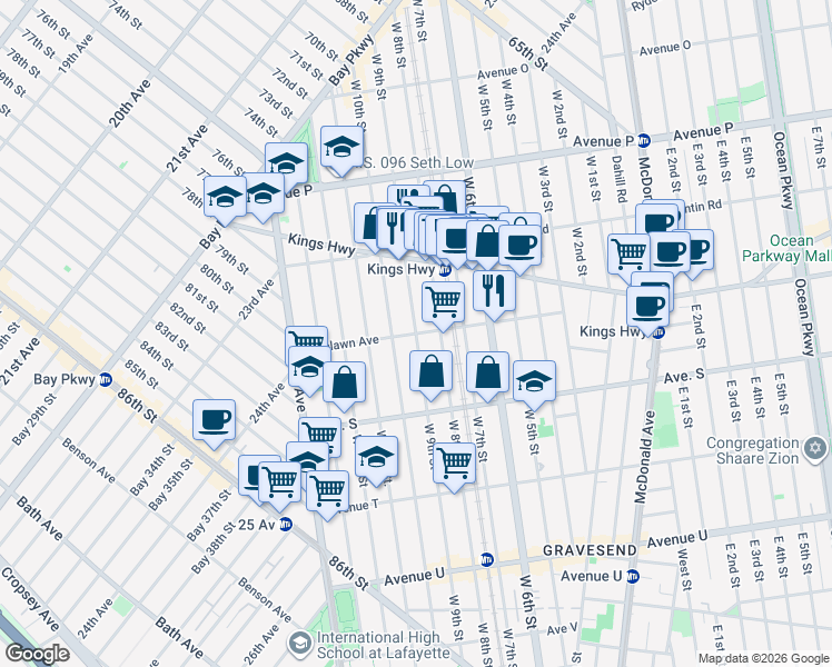 map of restaurants, bars, coffee shops, grocery stores, and more near West 9th Street in Brooklyn