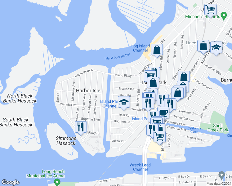 map of restaurants, bars, coffee shops, grocery stores, and more near 16 Kent Road in Island Park