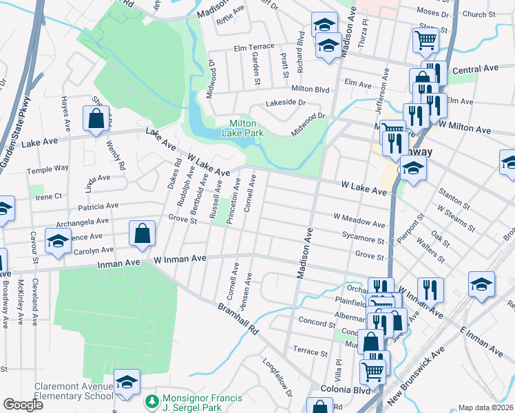 map of restaurants, bars, coffee shops, grocery stores, and more near 455 Jensen Avenue in Rahway