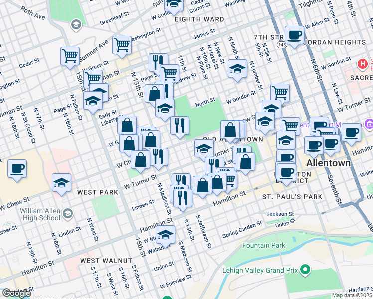 map of restaurants, bars, coffee shops, grocery stores, and more near 234 North 12th Street in Allentown