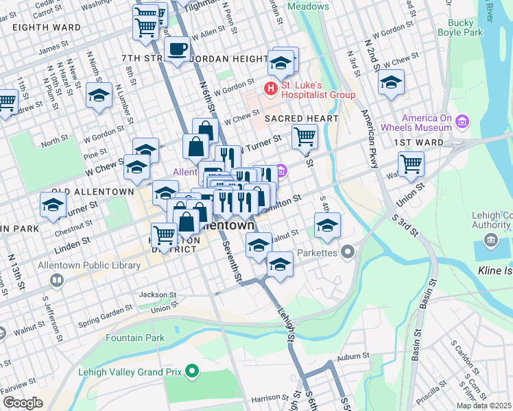 map of restaurants, bars, coffee shops, grocery stores, and more near 535 Hamilton Street in Allentown