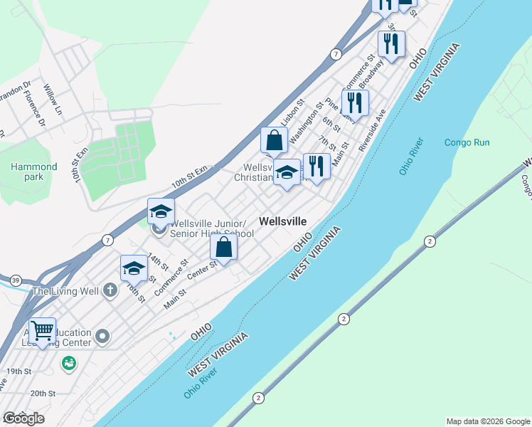 map of restaurants, bars, coffee shops, grocery stores, and more near 320 10th Street in Wellsville