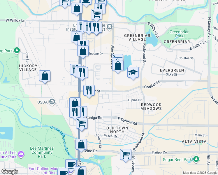 map of restaurants, bars, coffee shops, grocery stores, and more near 242 Conifer Street in Fort Collins