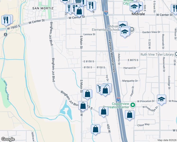 map of restaurants, bars, coffee shops, grocery stores, and more near 652 Gardenia Drive in Midvale