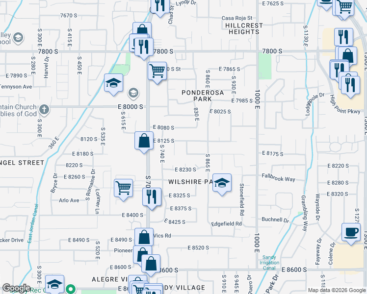 map of restaurants, bars, coffee shops, grocery stores, and more near 8135 South 805 East in Sandy