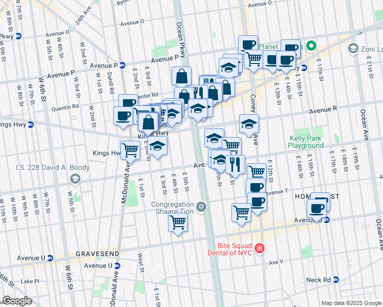 map of restaurants, bars, coffee shops, grocery stores, and more near 1853 Ocean Parkway Service Road in Brooklyn
