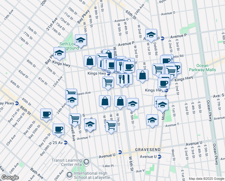 map of restaurants, bars, coffee shops, grocery stores, and more near 1798 West 7th Street in Brooklyn