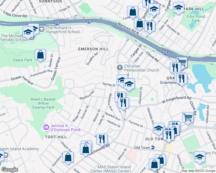 map of restaurants, bars, coffee shops, grocery stores, and more near 29 Spring Street in Staten Island