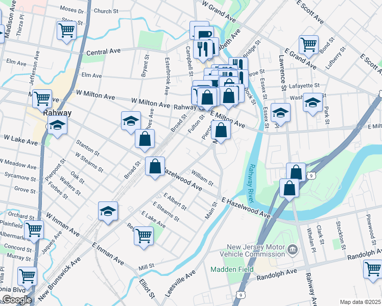 map of restaurants, bars, coffee shops, grocery stores, and more near 127 East Emerson Avenue in Rahway