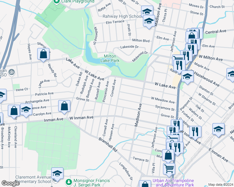 map of restaurants, bars, coffee shops, grocery stores, and more near 455 Jensen Avenue in Rahway