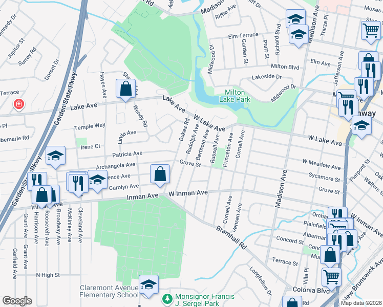 map of restaurants, bars, coffee shops, grocery stores, and more near 290 Berthold Avenue in Rahway