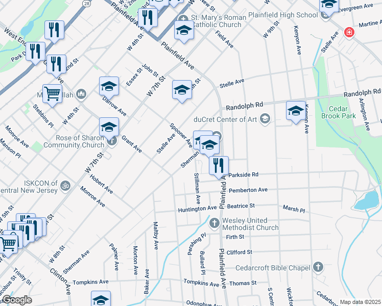 map of restaurants, bars, coffee shops, grocery stores, and more near 701 Sheridan Avenue in Plainfield