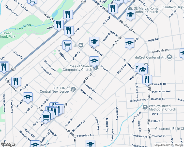 map of restaurants, bars, coffee shops, grocery stores, and more near 900 West 7th Street in Plainfield