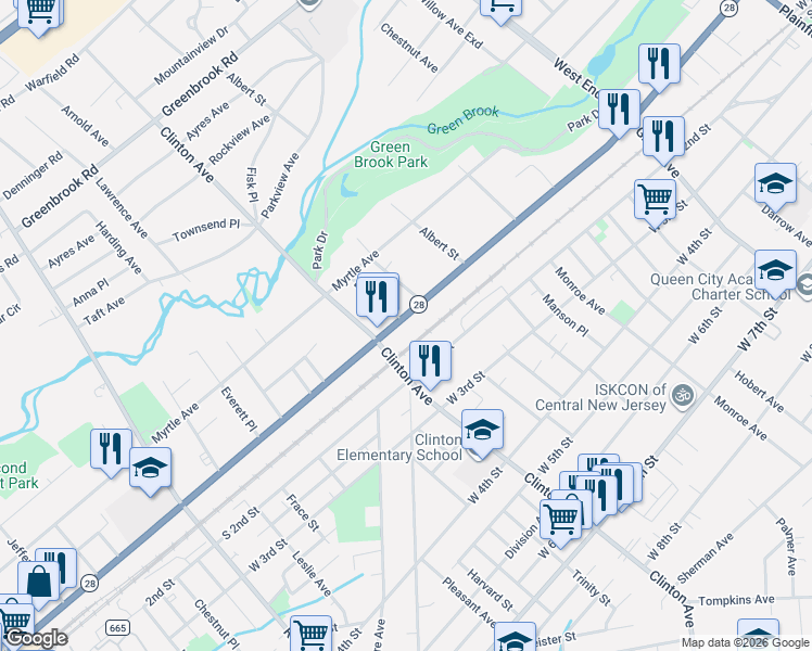 map of restaurants, bars, coffee shops, grocery stores, and more near 1169 West Front Street in Plainfield