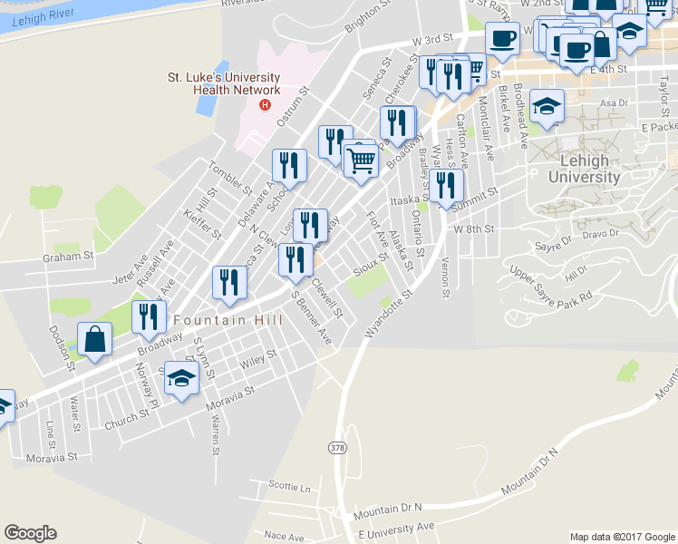 map of restaurants, bars, coffee shops, grocery stores, and more near 936 Itaska Street in Bethlehem