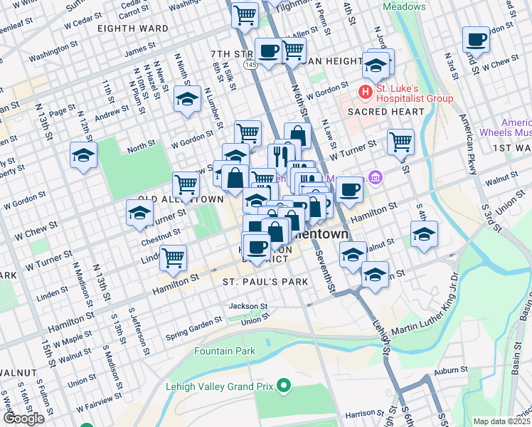 map of restaurants, bars, coffee shops, grocery stores, and more near 107 North Eighth Street in Allentown
