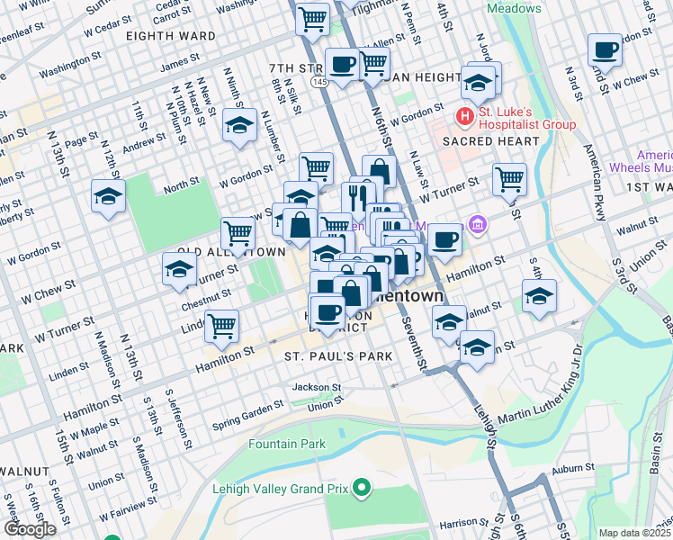 map of restaurants, bars, coffee shops, grocery stores, and more near 107 North Eighth Street in Allentown