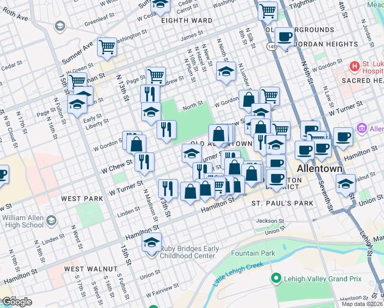 map of restaurants, bars, coffee shops, grocery stores, and more near 223 11th Street in Allentown