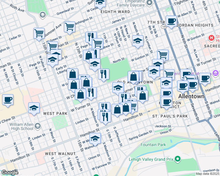 map of restaurants, bars, coffee shops, grocery stores, and more near 1141 Emmett Street in Allentown